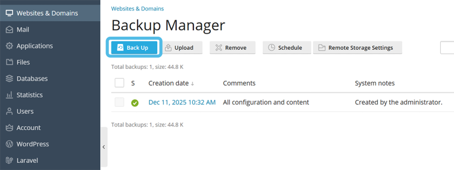 Yedekleme - Plesk Web Hosting